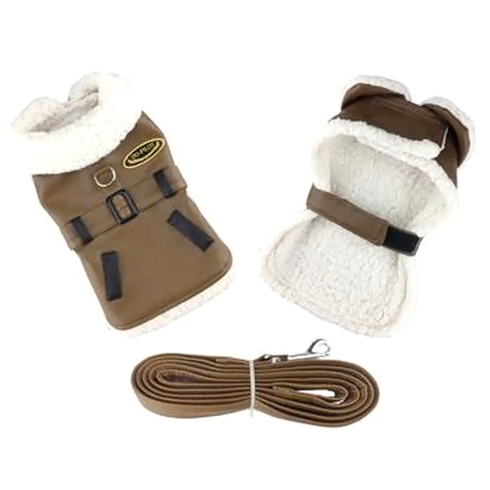 Brown and Black Faux Leather Bomber Dog Coat Harness + Leash