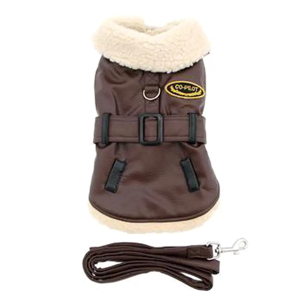 Brown and Black Faux Leather Bomber Dog Coat Harness + Leash