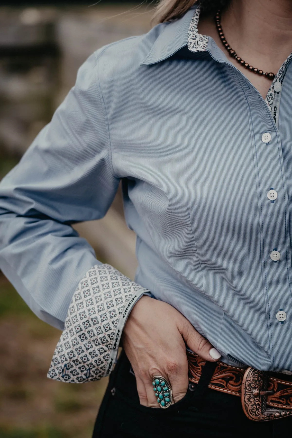 'Calista' CINCH Women's Blue Pinstripe Button Up Shirt with Stretch (XS-XXL)