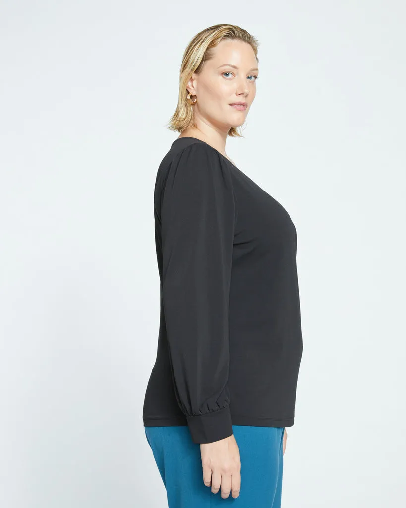 Crepe Jersey Gathered V-Neck Blouse - Black