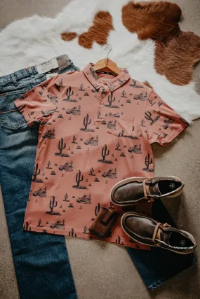 'Hot Shot' Men's Rust Orange Cactus Print Polo Shirt (XXL Only)