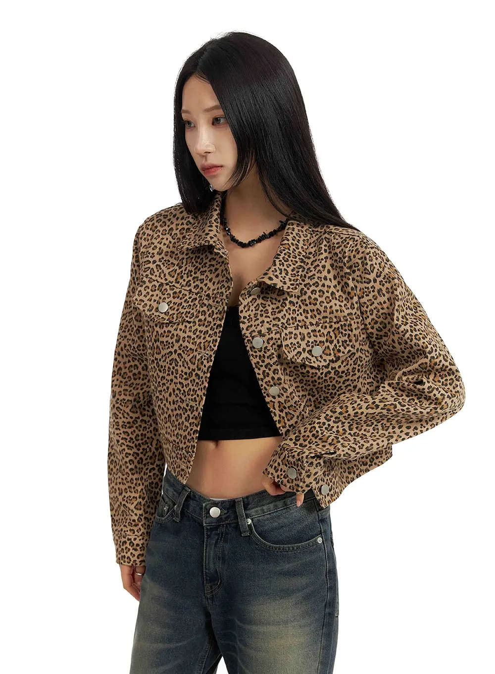 Leopard Buttoned Crop Jacket CF429