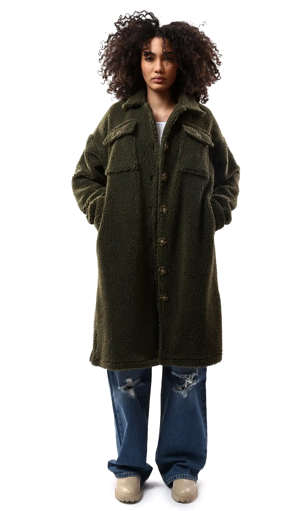 O175362 Olive Wool Full Buttons Coziness Coat