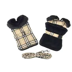 Plaid Fur-Trimmed Dog Harness Coat - Camel and Black