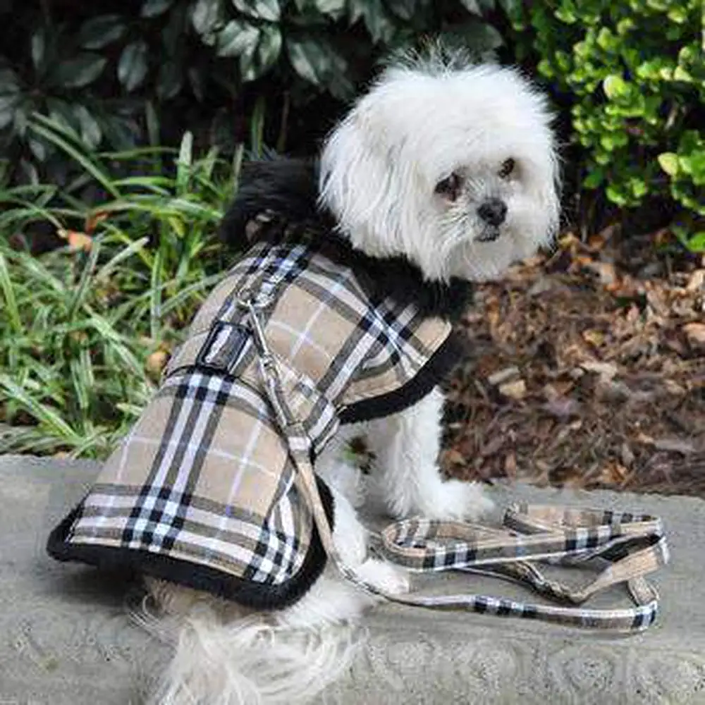 Plaid Fur-Trimmed Dog Harness Coat - Camel and Black