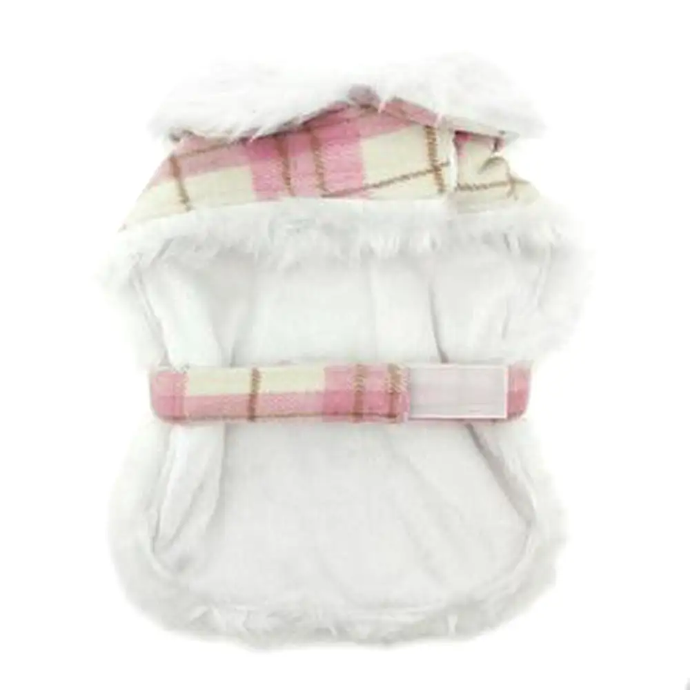 Plaid Fur-Trimmed Dog Harness Coat - Pink and White