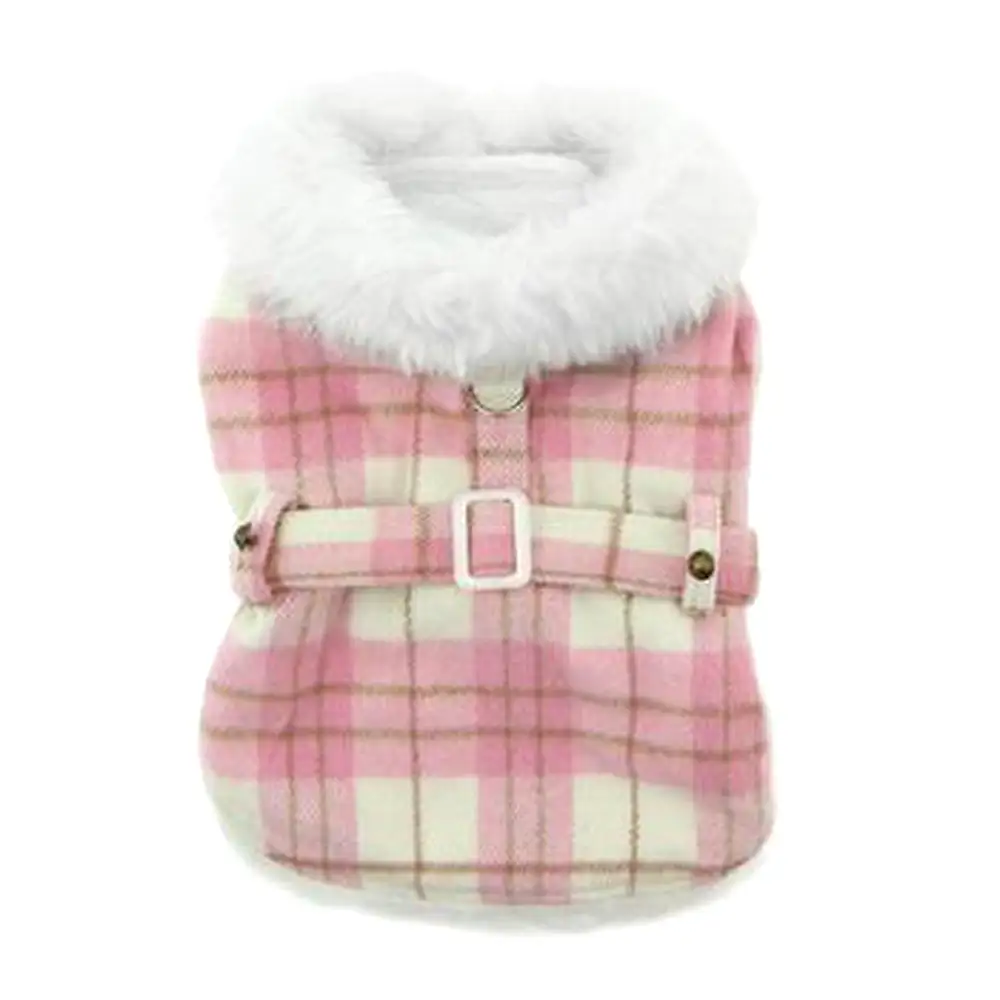 Plaid Fur-Trimmed Dog Harness Coat - Pink and White