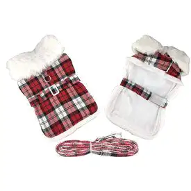 Plaid Fur-Trimmed Dog Harness Coat - Red and White