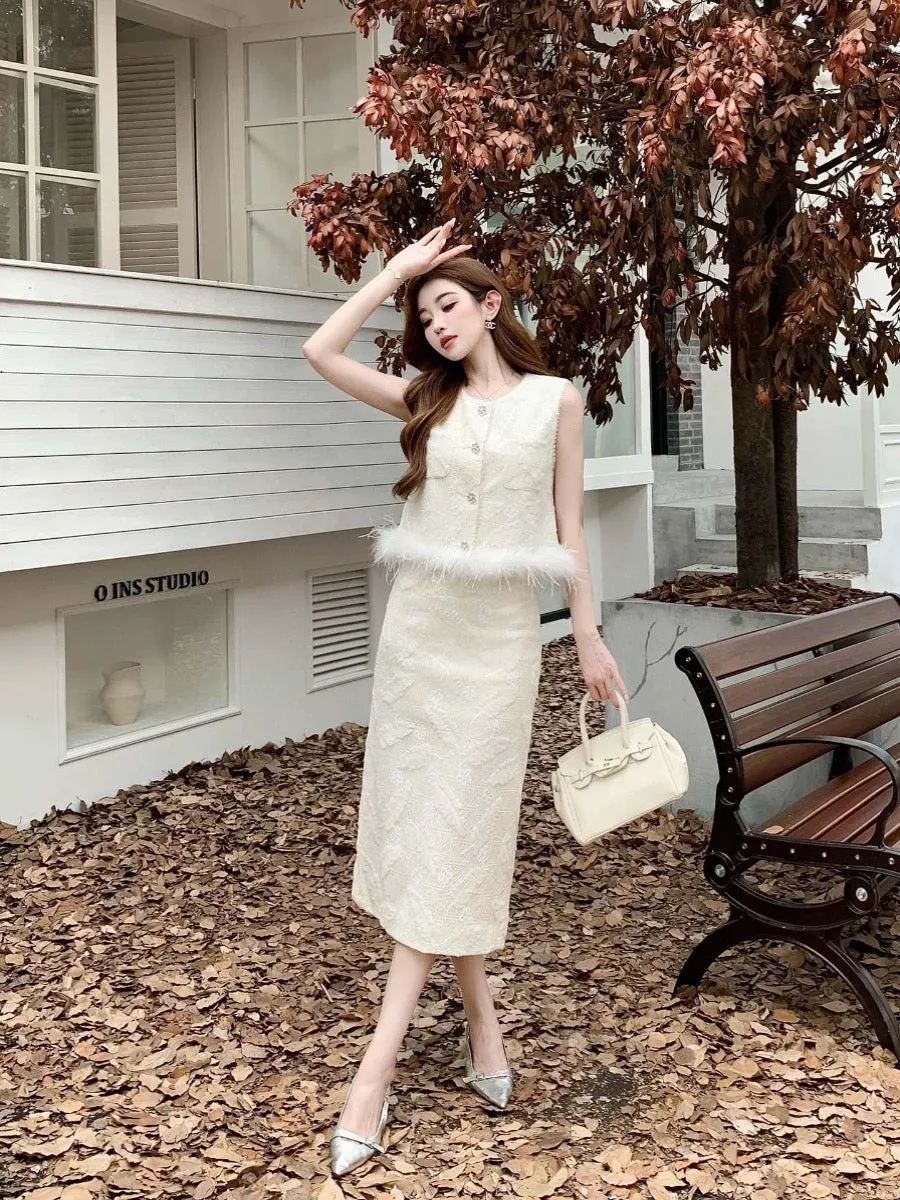 Shenzhen designer light luxury small fragrance ostrich mink hair vest top high waist mid-length skirt jacquard suit