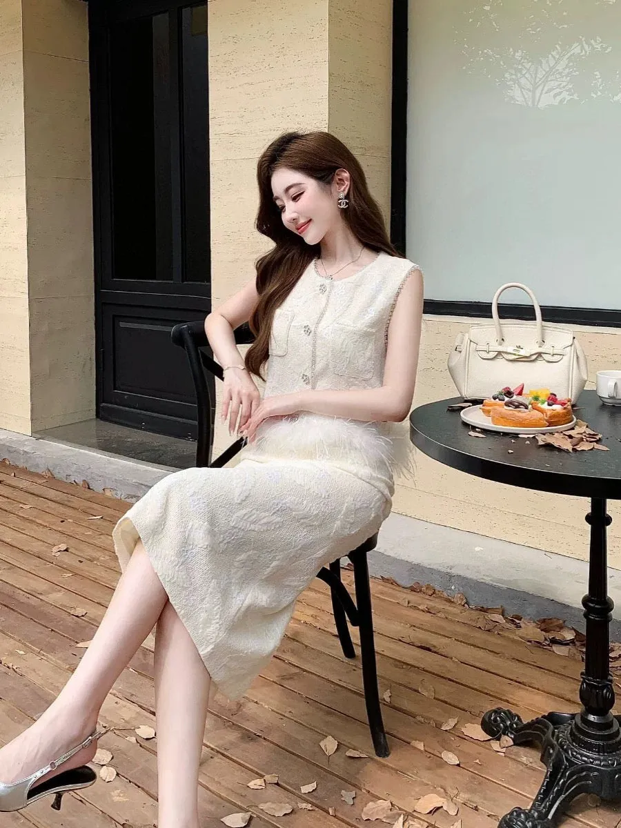 Shenzhen designer light luxury small fragrance ostrich mink hair vest top high waist mid-length skirt jacquard suit